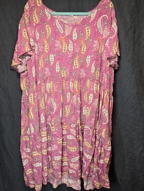 3X Chic Soul Pink Paisley Floral Tiered Short Sleeve Swing Fairy Boho Midi Dress